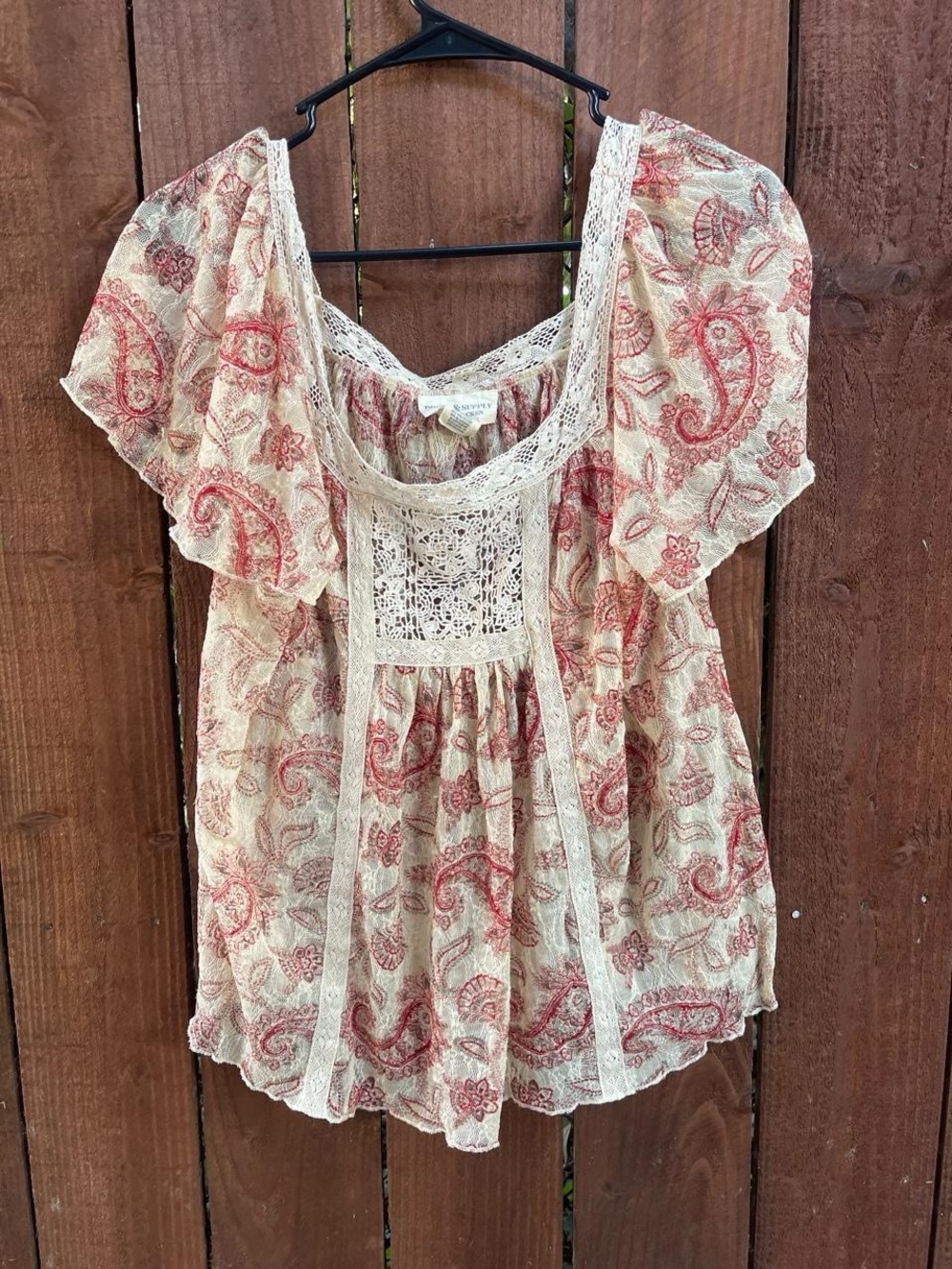 Denim & Supply Ralph Lauren Cream Sheer Lace Floral Boho Cottage Blouse Sz Lg